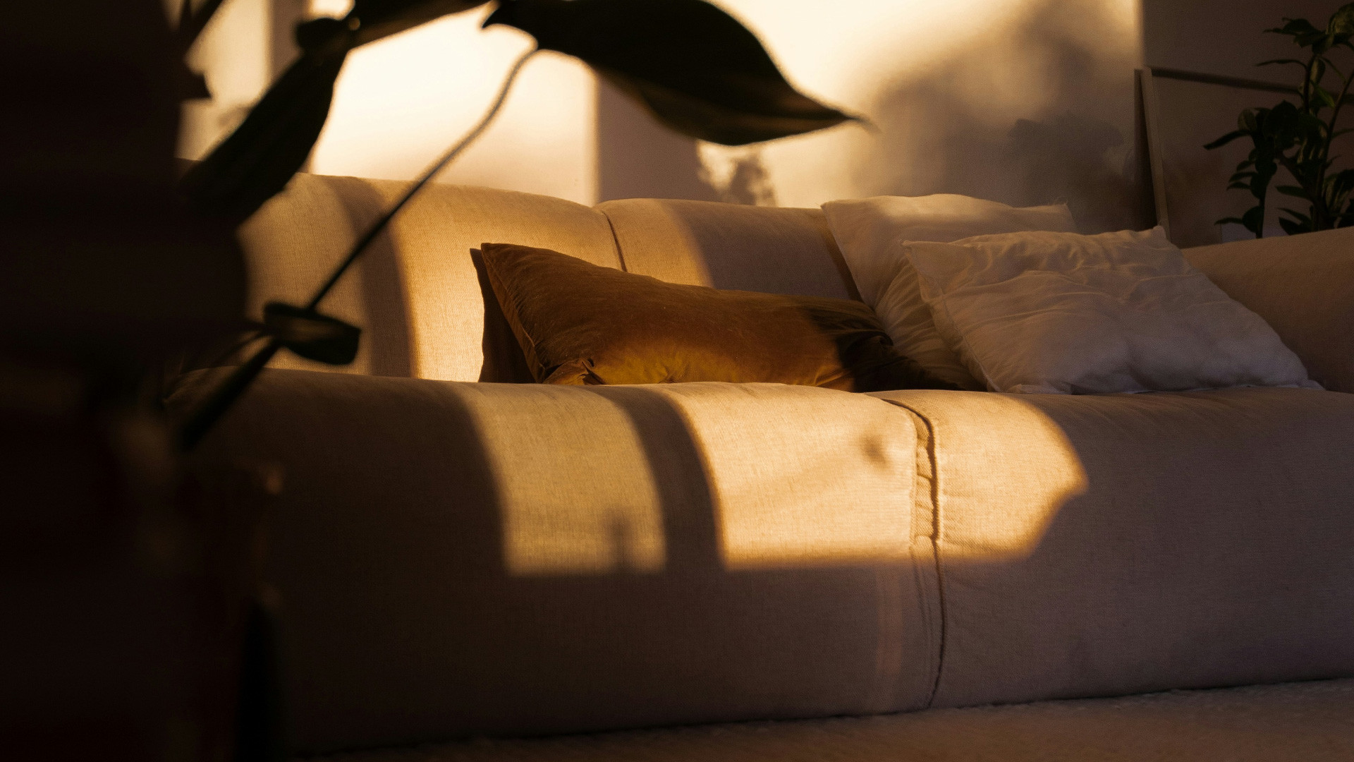 Sunlit living room with a linen sofa