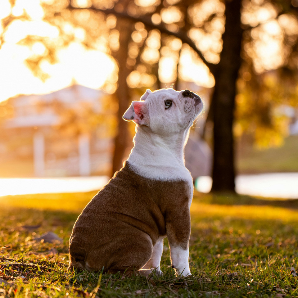 Bulldog sitting in a sunny park